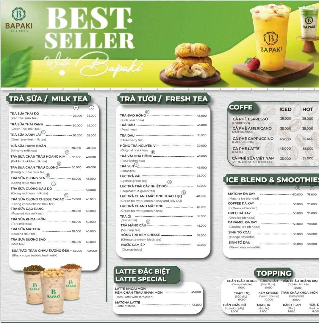 Menu thức uống tại BAPAKI